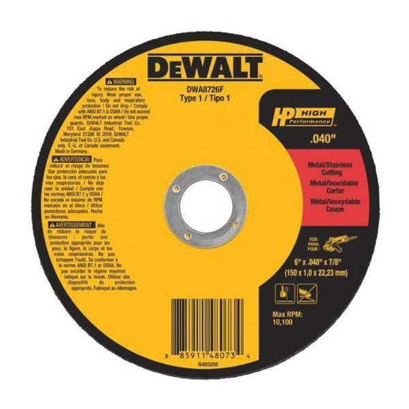 Dewalt DWA8726F Abrasive Cut-Off Wheel, Type 1, 6 in Dia, 0.04 in Thick, 7/8 in Arbor Hole Size, Aluminum Oxide