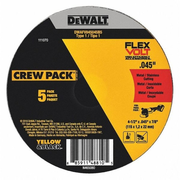 Dewalt DWAFV845045B5 Abrasive Cut-Off Wheel, Type 1, 4 1/2 in Dia, 0.045 in Thick, 7/8 in Arbor Hole Size, Ceramic
