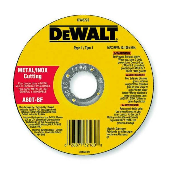 Dewalt DW8717 Abrasive Cut-Off Wheel, Type 1, 4 in Dia, 0.035 in Thick, 3/8 in Arbor Hole Size, Aluminum Oxide