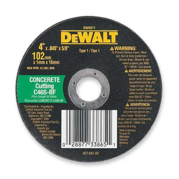 Dewalt DW8072 Abrasive Cut-Off Wheel, Type 1, 4 1/2 in Dia, 0.045 in Thick, 7/8 in Arbor Hole Size, 60 Grit
