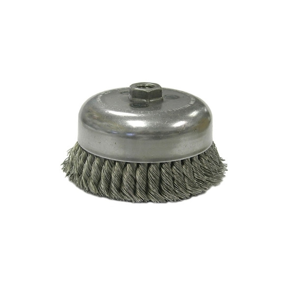 Heavy-Duty Knot Wire Cup Brush, 6 in Dia., 5/8-11 UNC Arbor, 1 3/8 x .035 Wire