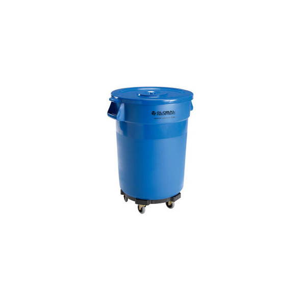 Global Industrial Plastic Trash Can with Lid & Dolly - 32 Gallon Blue