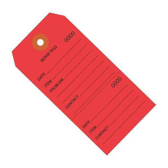 TagConsecutiveNmbr,4-3/4"x2-3/8",PK1000, 10 Point Paper, 4 3/4" W, Red, 1000 PK