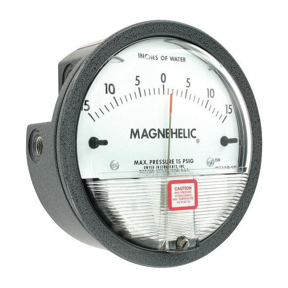 Differential pressure gage, range 15-0-15" w.c., minor divisions 1.0.
