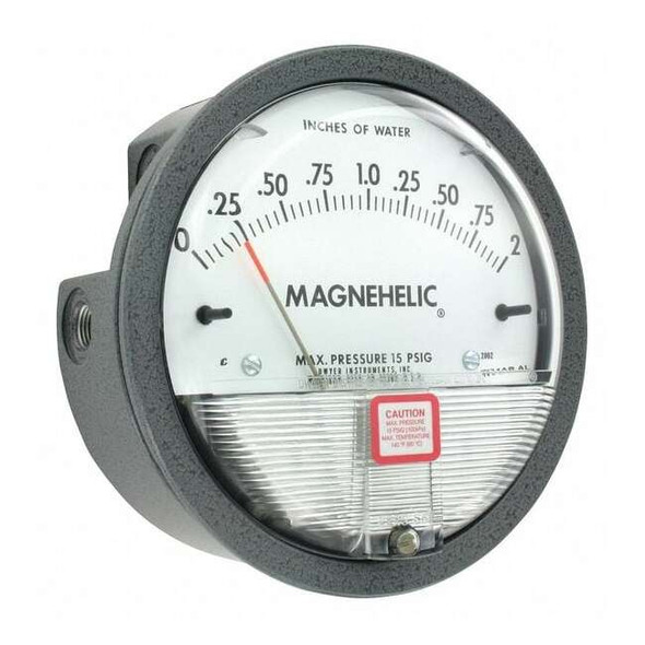 Differential pressure gage, range 0-2.0" w.c., minor divisions .05.