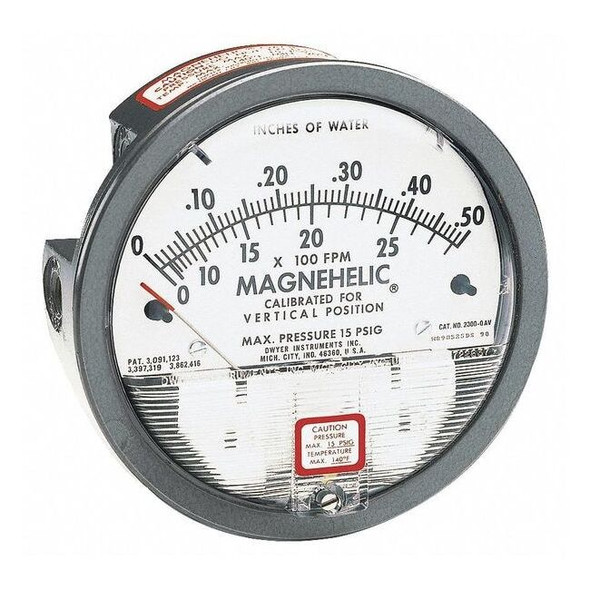 Differential pressure gage, range 0-10" w.c., velocity 2000-12500 FPM.