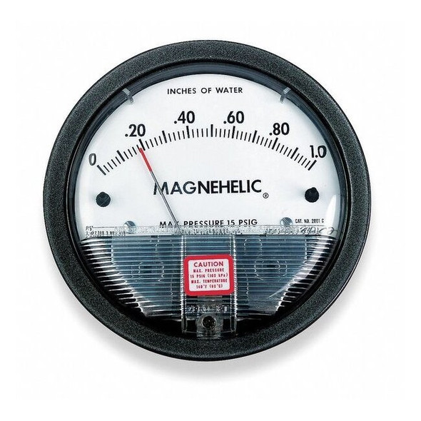 Differential pressure gage, range 0-50" w.c., minor divisions 1.0.