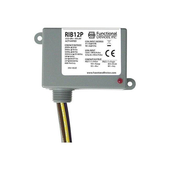 Functional Devices-Rib Enclosed Relay,20A,DPDT,12VAC/dc RIB12P