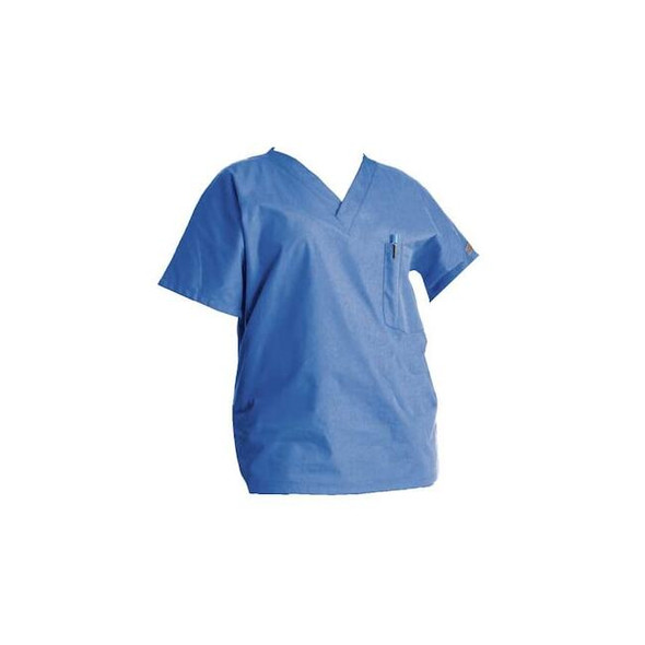 Scrub Shirt, Cotton/Polyester, Short Sleeve, 3 Pockets, V-Neck, Blue, Size L