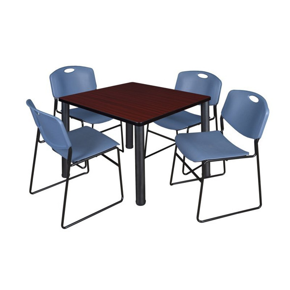 Square Mahogy. Table/4 Blue Chairs, Square,42", 42" W, 29" H, Mahogany