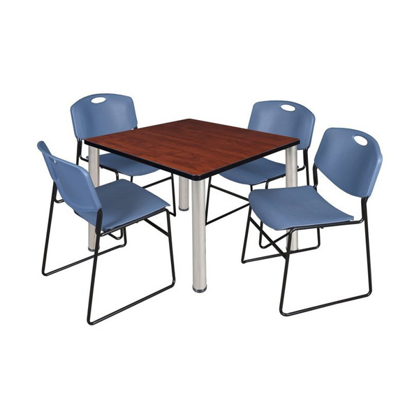Square Cherry Table/4 Blue Chairs, Square,36", 36" W, 29" H, Cherry