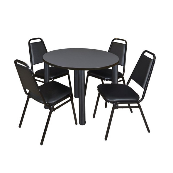 Kee Kee Round Table & Chair Set, Wood, Metal, Vinyl Top, Grey TB36RNDGYBPBK29BK