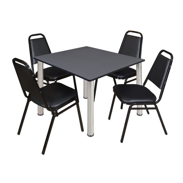 Kee Kee Square Table & Chair Set, Wood, Metal, Vinyl Top, Grey TB4848GYBPCM29BK