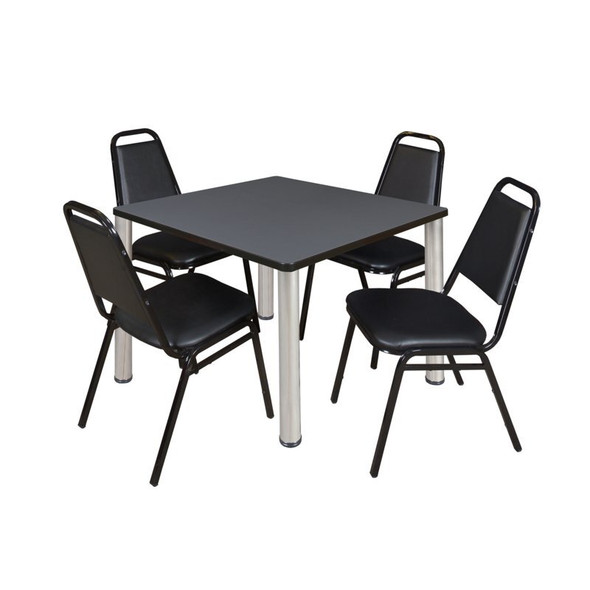 Kee Kee Square Table & Chair Set, Wood, Metal, Vinyl Top, Grey TB4242GYBPCM29BK