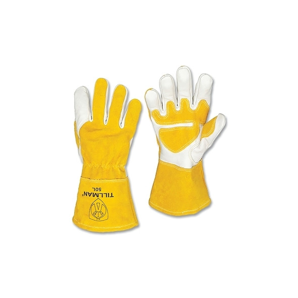 MIG Welding Gloves, 50, Cowhide w/Split Cowhide Palm/Split Cowhide BOH/Cuff, Sm, Bourbon Brn/Pearl, 4 in L Shirred Cuff