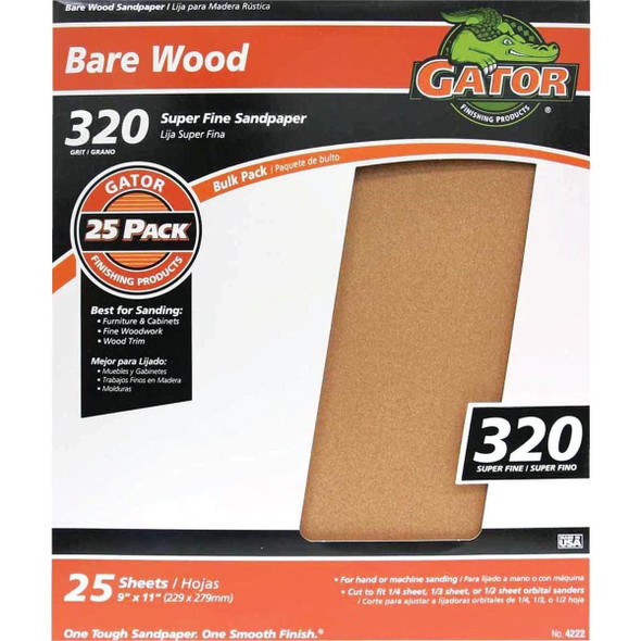 4222 Gator Bare Wood 9 In. x 11 In. 320 Grit Extra Fine Sandpaper (25-Pack)