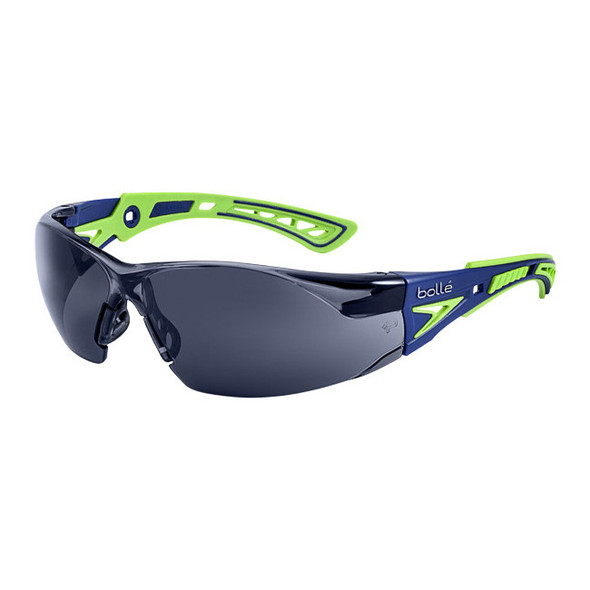 Bolle Safety Rush+ Safety Glasses, Blue/Green Frame, Smoke Lens, 1/Each