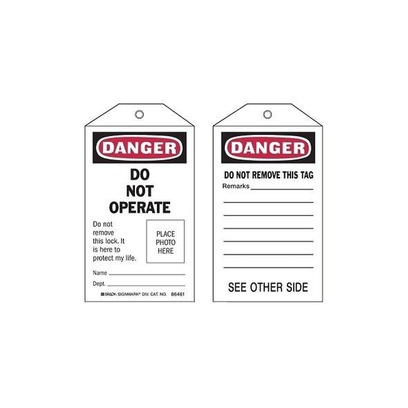 Self-Laminating Tag, 3 in W x 5-3/4 in H, Polyester, Danger, Do Not Operate, Includes Rever Side, Black/Red on White