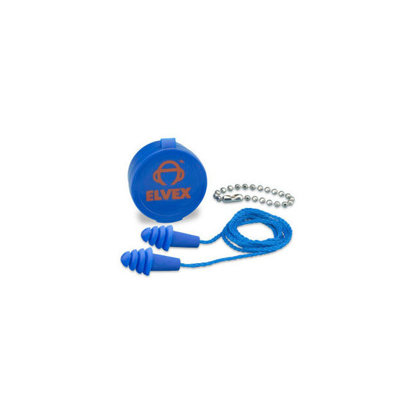 Elvex Quattro Reusable Earplugs with Chain & Case Corded NRR 27 dB Blue 50 Pairs