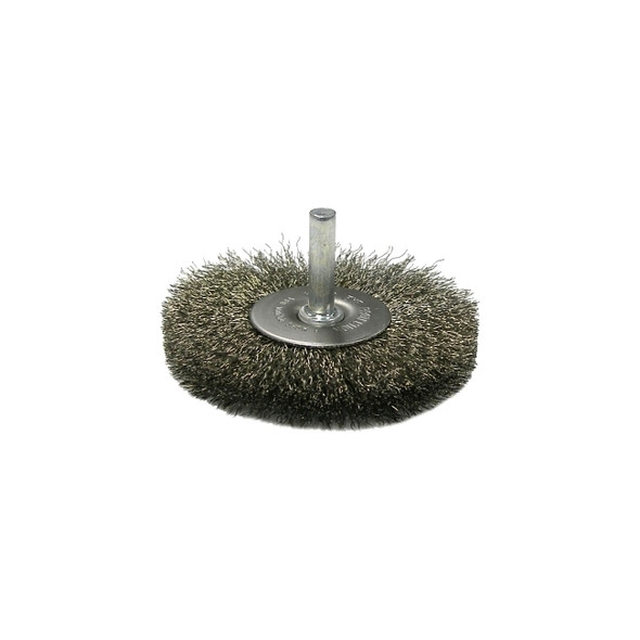 Stem-Mounted Crimped Wire Wheel, 2 in dia, 3/8 in W, 0.0080 in Bristle dia, Steel, 20000 RPM