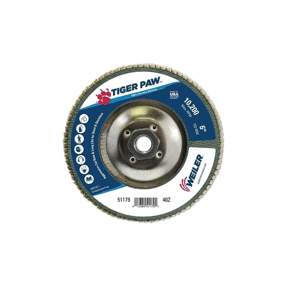 Tiger Paw™ TY29 Coated Abrasive Flap Disc, 6 in, 40 Grit, 5/8 in-11 Hub Arbor