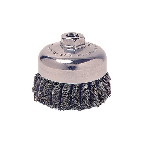 Vortec Pro Knot Wire Cup Brush, 3 1/2 in Dia., 5/8-11 Arbor, .02 in Carbon Steel