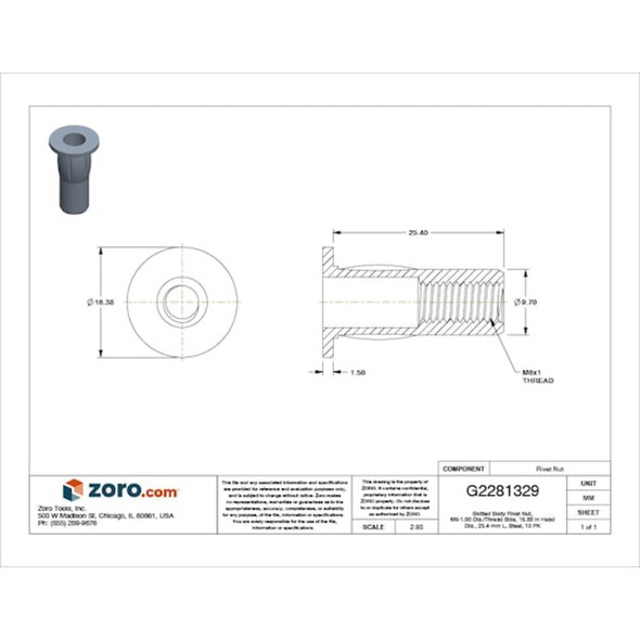 Rivet Nut, M6-1.00 Thread Size, 160.38 mm Flange Dia., 25.4 mm L, Steel, 10 PK  CPB2-610-7.1-10