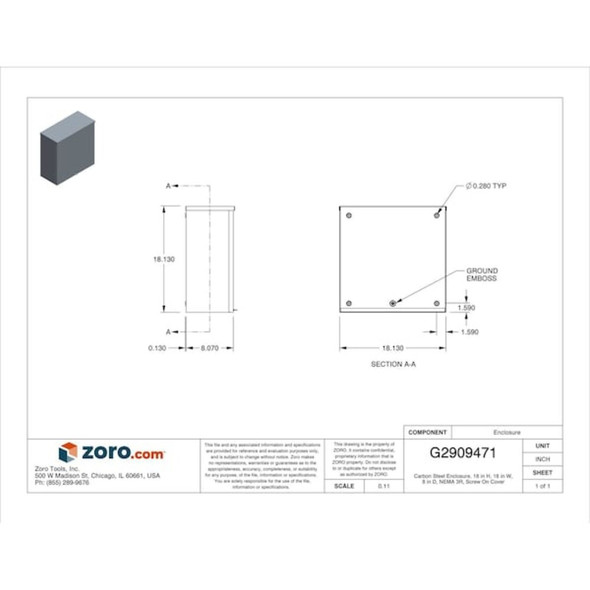 Padlockable Hasp Electrical Enclosures, 18 in H, 8 in D, 18 in W, 3R, Steel  RSC181808