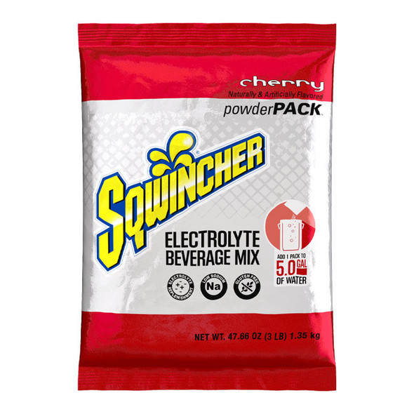Sqwincher® Regular Powder Packs, 47.66 oz Packs, 5 gal Yield, Cherry, 16/Case