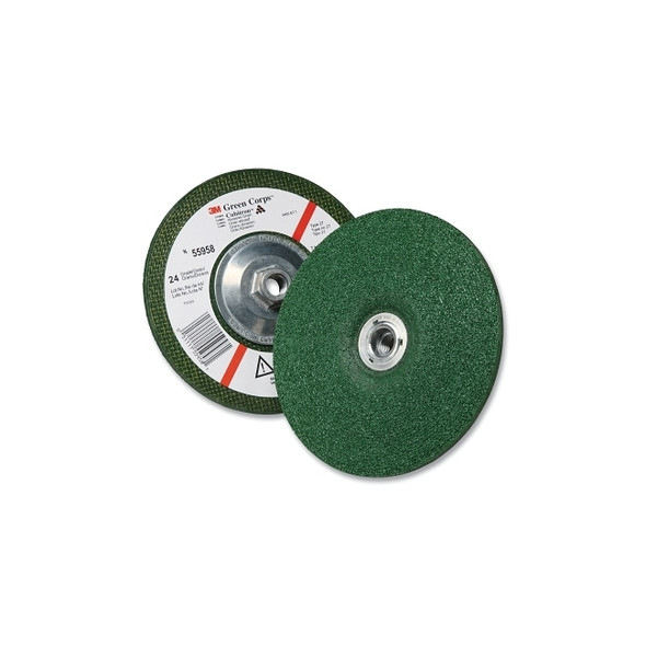 Green Corps Depressed Center Wheel, 7 in Dia, 1/4 in Thick, 5/8 Arbor, 24 Grit
