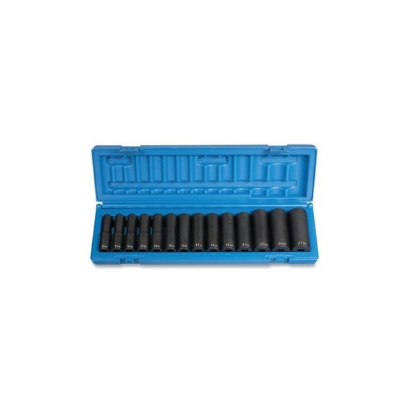 Impact Socket Set, 1/2 in Drive, Metric, 6-point, 10 mm to 27 mm, 14-Pc Deep Length