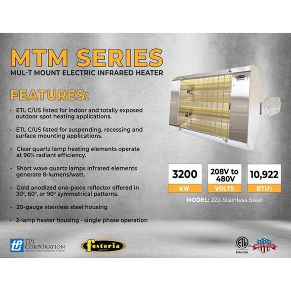 Infrared Quartz Electric Heater, 1 Phase, Stainless Steel, 240V AC  H-30-222-THSS