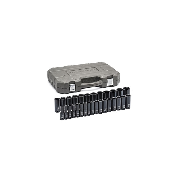 Impact Socket Set, 1/2 in Dr, 6-point, Metric, 8 mm to 36 mm, 29-Pc Deep Length, Incl Blow Mold Case
