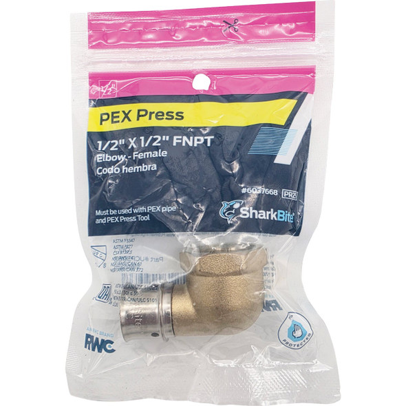 SharkBite 1-2 In. x 1-2 In. FNPT PEX Press Brass Adapter Elbow UCP308Z 417008
