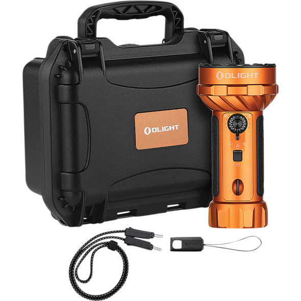 Versatile 10,000-lumen flashlight with multiple beam options and dual charging. OLMARAUDERMN2OG