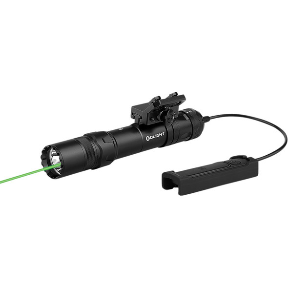 Weapon light combining high-output illumination and green laser aiming. OLODINGLMBK