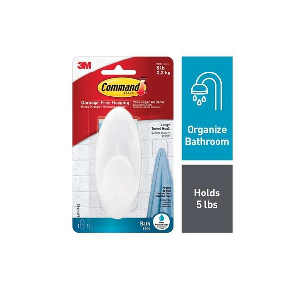 Command Bath Hook, White, Plastic, 1 1/2 in D BATH17-ES Pack of 24