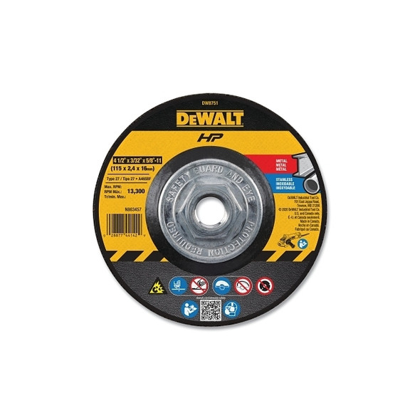 High Performance™ Cutting and Notching Wheel, Type 27, 4-1/2 in dia x 3/32 in Thick x 5/8 in-11 in Arbor, 24 Grit, Alum Oxide Pack of 10