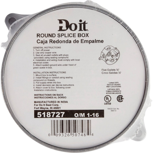 Bell 4 In. 5-Outlet 1-2 In. Gray Weatherproof Outdoor Round Box, Shrink Wrapped 5361-0 518727