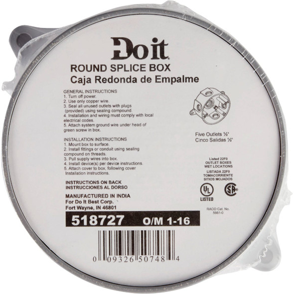 Bell 4 In. 5-Outlet 1-2 In. Gray Weatherproof Outdoor Round Box, Shrink Wrapped 5361-0 518727
