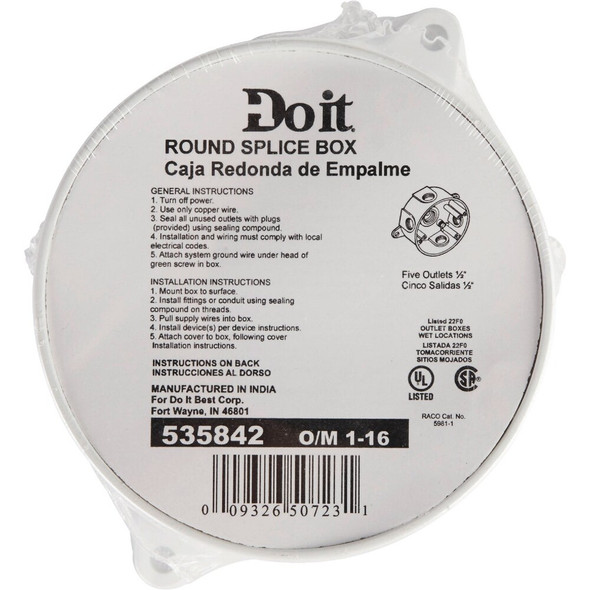 Bell 4 In. 5-Outlet 1-2 In. White Weatherproof Outdoor Round Box, Shrink Wrapped 5361-1 535842