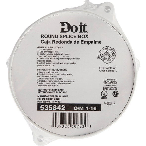 Bell 4 In. 5-Outlet 1-2 In. White Weatherproof Outdoor Round Box, Shrink Wrapped 5361-1 535842