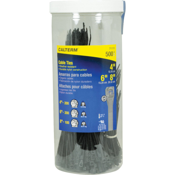 Calterm 4 In./6 In./8 In. Black Cable Ties (500-Pack) 71111