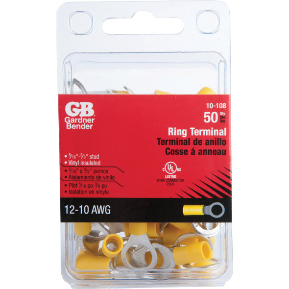 Gardner Bender 12 to 10 AWG Vinyl-Insulated Ring Terminals (50-Pack) 10-108