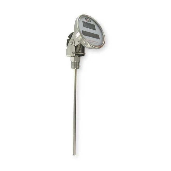 Digital solar-powered bimetal thermometer, range -58 to 302 Degrees F, 15" stem.