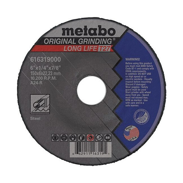 Metabo Grinding Wheel,T27,A24R,6"X1/4"X7/8" 616319000