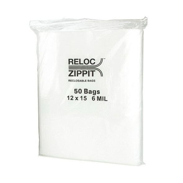 Reclosable Bag, Zip Seal, 15 in L, 12 in W, 6 mil Thick, Polyethylene, Clear