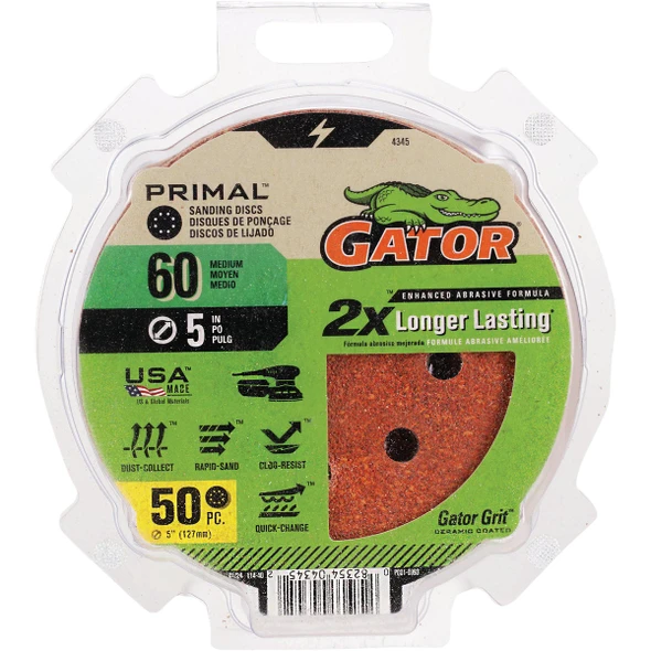 Gator 5 In. 8-Hole 60-Grit Hook & Loop Sanding Disc (50-Pack) 4345