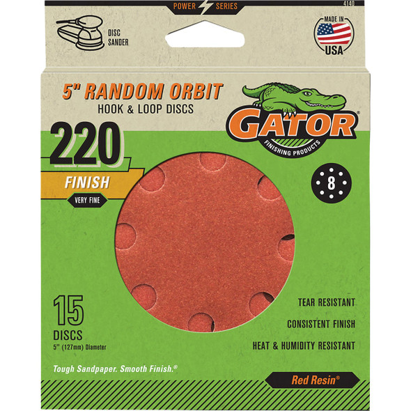 Gator 5 In. 8-Hole 220-Grit Hook & Loop Sanding Disc (15-Pack) 4140GA
