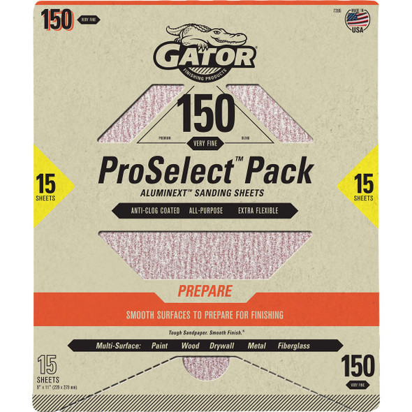 Gator Grit 9 In. x 11 In. Medium Premium Sanding Sheet, 150 Grit (15-Pack) 7286